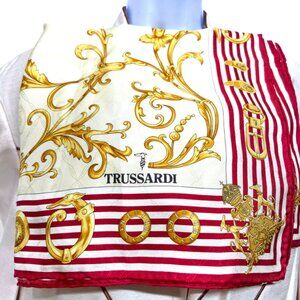 Unused TRUSSARDI 100% SILK Satin SCARF 34" Ivery gold red stripe belts (61